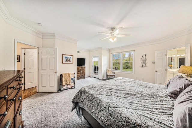 carpeted bedroom featuring crown molding, ceiling fan with notable chandelier, connected bathroom, and access to exterior