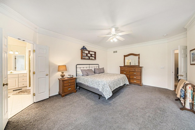 bedroom with crown molding, a ceiling fan, baseboards, and carpet floors