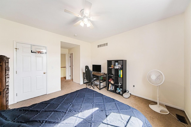 bedroom featuring baseboards, ceiling fan, carpet flooring, and visible vents