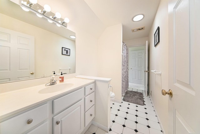 full bath with vanity, baseboards, tile patterned floors, toilet, and a shower with shower curtain