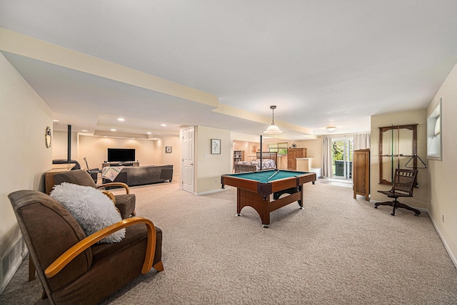 recreation room with billiards, baseboards, and light carpet