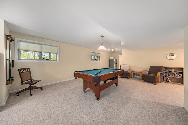 rec room with baseboards, billiards, and carpet flooring