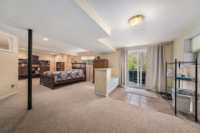 tiled bedroom featuring baseboards, carpet, recessed lighting, and access to exterior