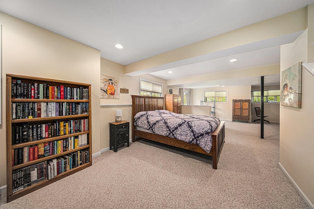 bedroom with baseboards, carpet flooring, and recessed lighting