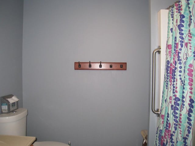 bathroom featuring toilet, a shower with curtain, and vanity