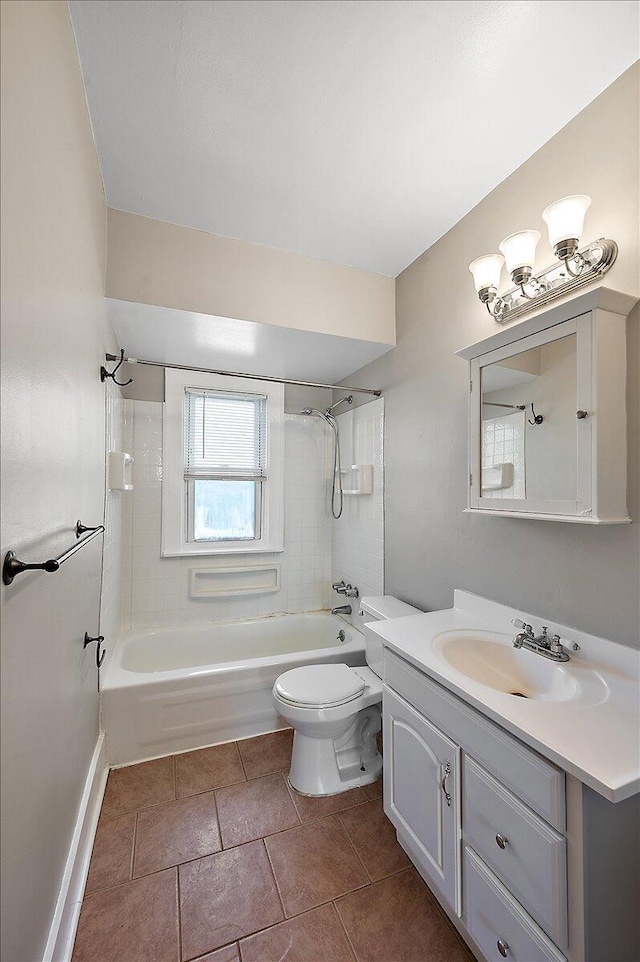 bathroom featuring tile patterned flooring, shower / tub combination, vanity, baseboards, and toilet