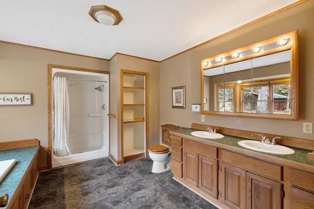 4824 Little Cedar Creek Dr, Attica, MI 48412 - full bathroom featuring curtained shower, double vanity, toilet, stone finish floors, and baseboards