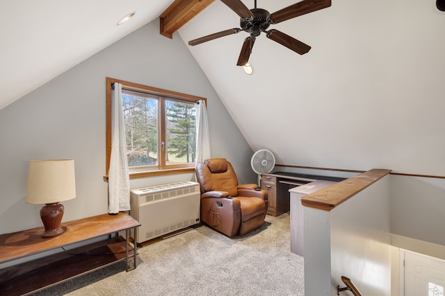 4824 Little Cedar Creek Dr, Attica, MI 48412 - living area with light carpet, a ceiling fan, an upstairs landing, and radiator heating unit