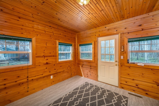 interior space with wooden walls, visible vents, and a wealth of natural light