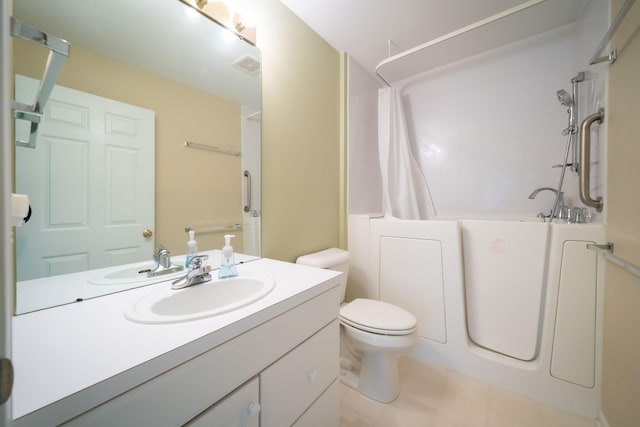 bathroom with vanity, shower / bathtub combination with curtain, visible vents, and toilet