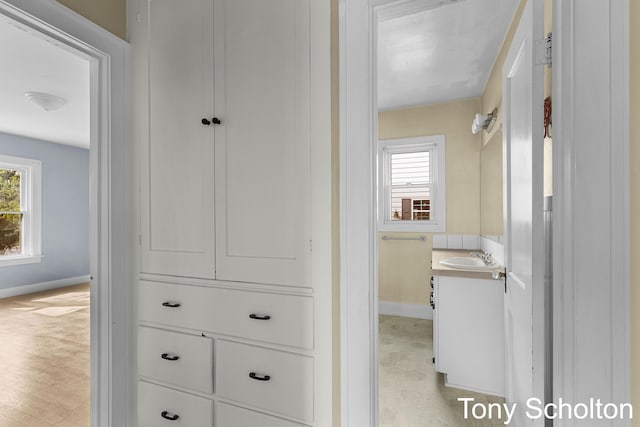 interior space with baseboards, plenty of natural light, and a sink