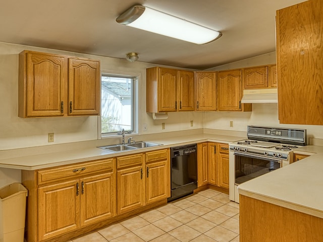 kitchen with light tile patterned flooring, white gas stove, under cabinet range hood, a sink, and dishwasher