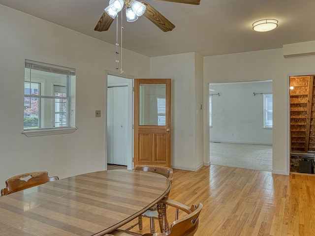 dining area with a ceiling fan and light wood-style flooring