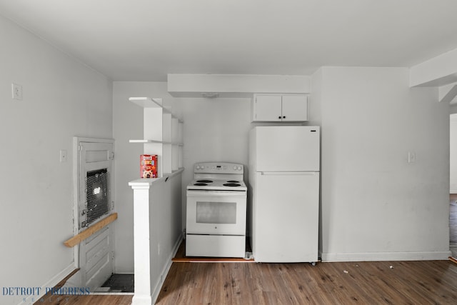 kitchen featuring baseboards, wood finished floors, white cabinets, and white appliances