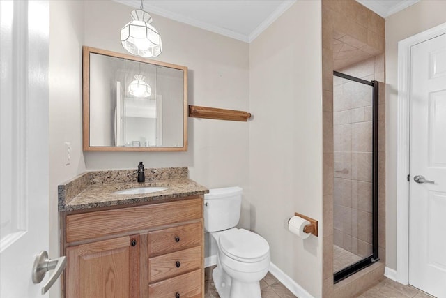 bathroom with crown molding, vanity, a stall shower, and toilet