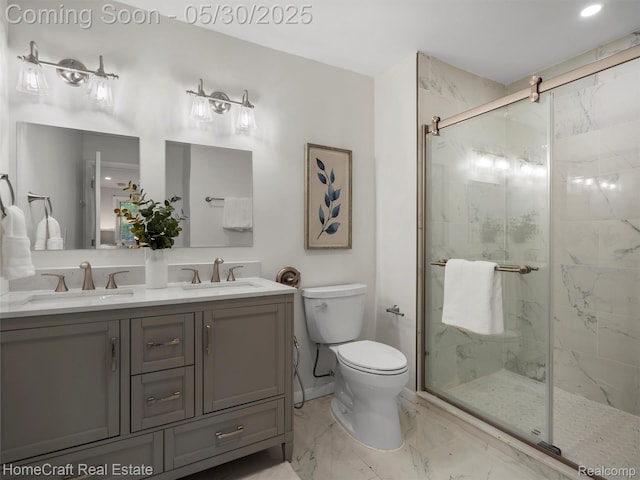 3930 Harris Ln, West Bloomfield, MI 48323 - bathroom with marble finish floors, double vanity, a marble finish shower, and toilet