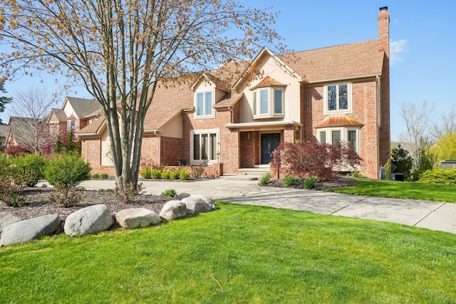 traditional home with brick siding, driveway, a chimney, and a front yard