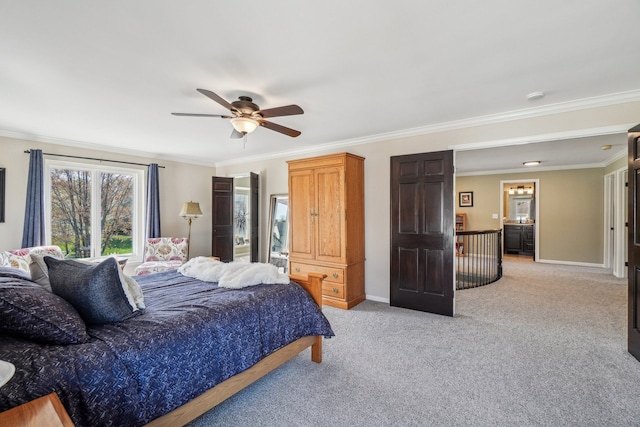 bedroom with baseboards, ornamental molding, light carpet, and ceiling fan