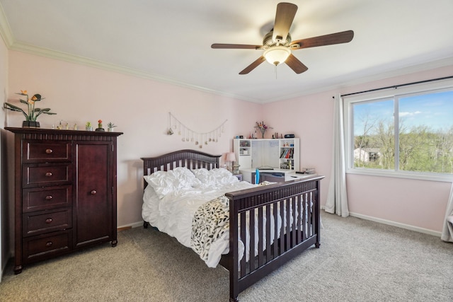 bedroom with baseboards, ornamental molding, light carpet, and ceiling fan