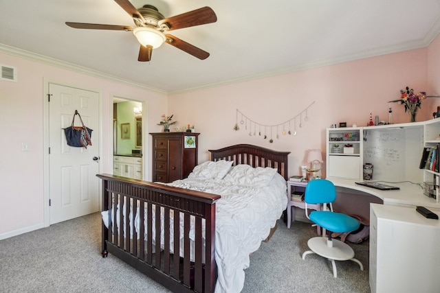 bedroom featuring carpet floors, ornamental molding, and visible vents