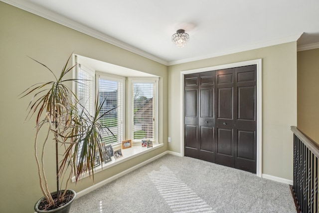 unfurnished bedroom with carpet flooring, baseboards, ornamental molding, and a closet