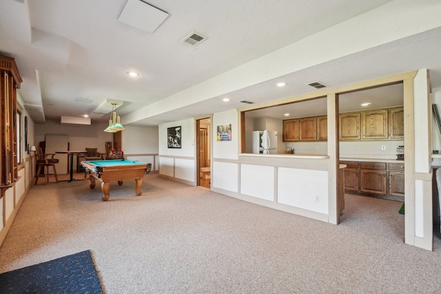 game room featuring recessed lighting, visible vents, billiards, and light carpet