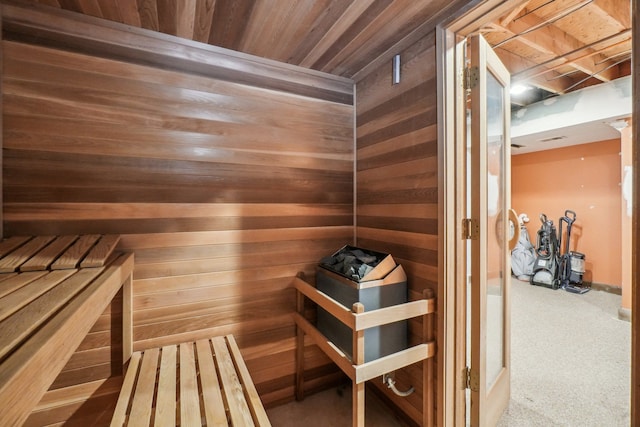view of sauna / steam room featuring carpet floors