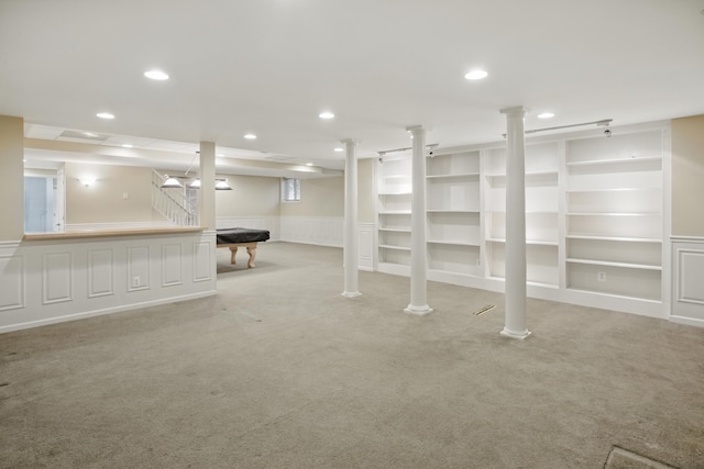 finished basement with recessed lighting, pool table, built in features, and carpet