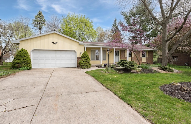 ranch-style house with a porch, a front yard, a garage, brick siding, and concrete driveway