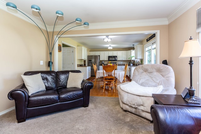 living room featuring carpet floors and crown molding