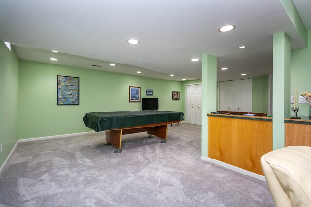 playroom featuring light colored carpet, recessed lighting, and pool table