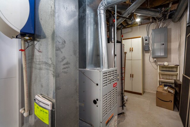 utility room with gas water heater and electric panel