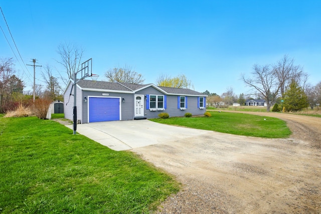 ranch-style house featuring a front lawn, driveway, an outbuilding, an attached garage, and a storage shed