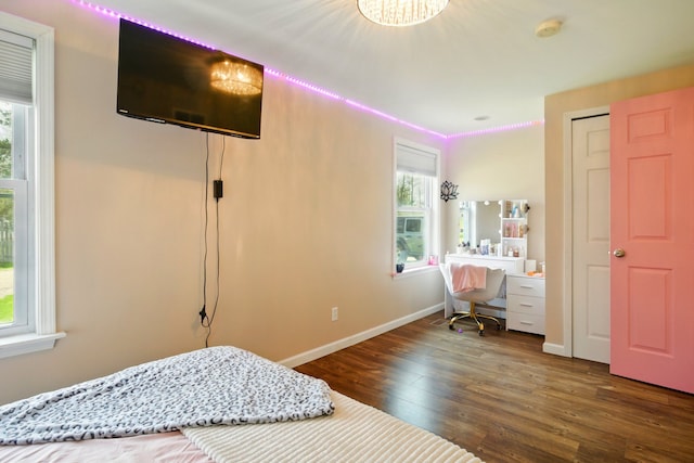 bedroom with baseboards, multiple windows, and wood finished floors