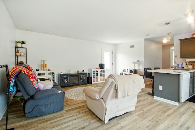 living room featuring light wood finished floors and visible vents