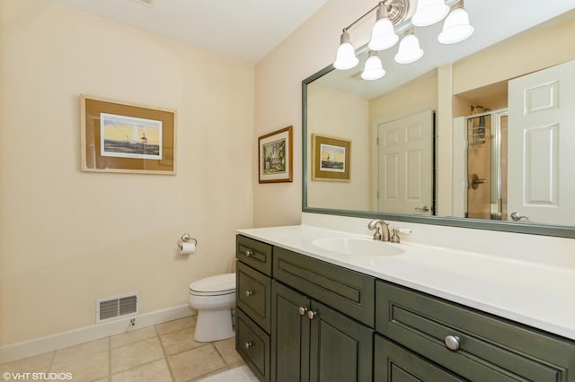 full bathroom with visible vents, tile patterned flooring, toilet, baseboards, and a stall shower