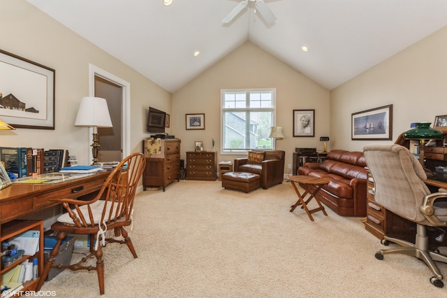 carpeted office space featuring ceiling fan, recessed lighting, and lofted ceiling