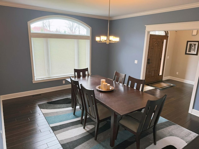 dining room featuring crown molding, baseboards, a notable chandelier, and dark wood-style floors