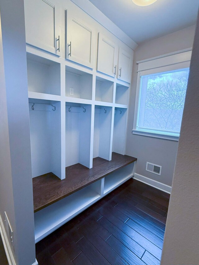 mudroom with baseboards, visible vents, and dark wood finished floors