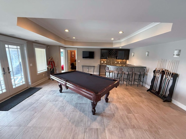 rec room featuring pool table, baseboards, recessed lighting, and a raised ceiling