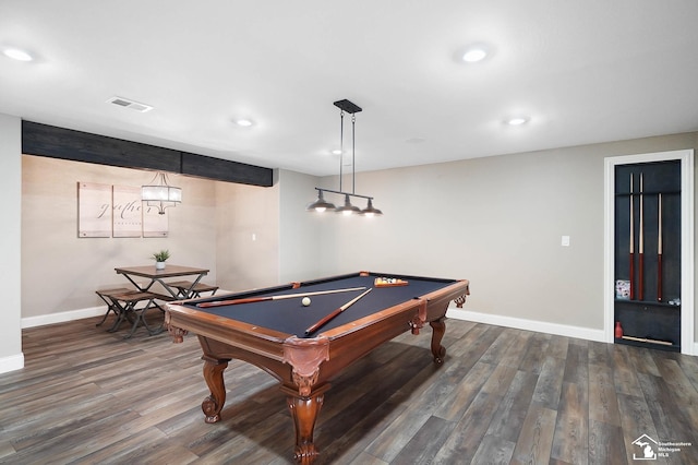 game room with baseboards, visible vents, billiards, and dark wood-type flooring