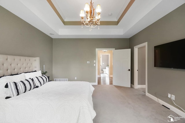 bedroom with visible vents, crown molding, a raised ceiling, a notable chandelier, and light carpet