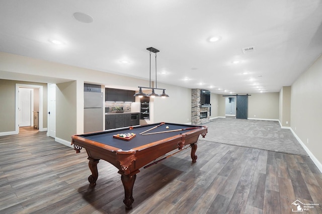 game room with pool table, dark wood-style flooring, baseboards, and visible vents