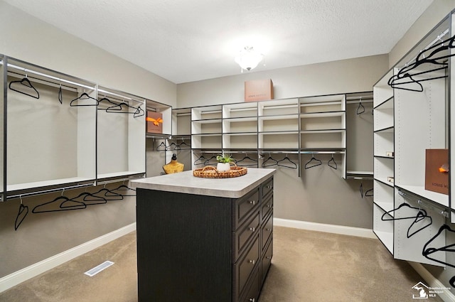 walk in closet with light carpet