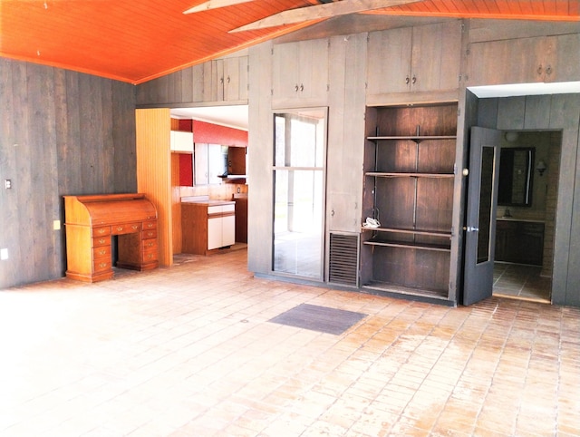 3100 Whipple Rd, Jackson, MI 49201 - interior space featuring wooden walls, vaulted ceiling, wooden ceiling, and visible vents