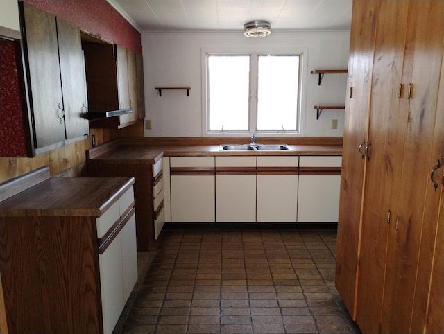 3100 Whipple Rd, Jackson, MI 49201 - kitchen featuring open shelves, a sink, white cabinetry, and ornamental molding