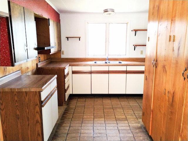 3100 Whipple Rd, Jackson, MI 49201 - kitchen with white cabinets, open shelves, ornamental molding, and a sink