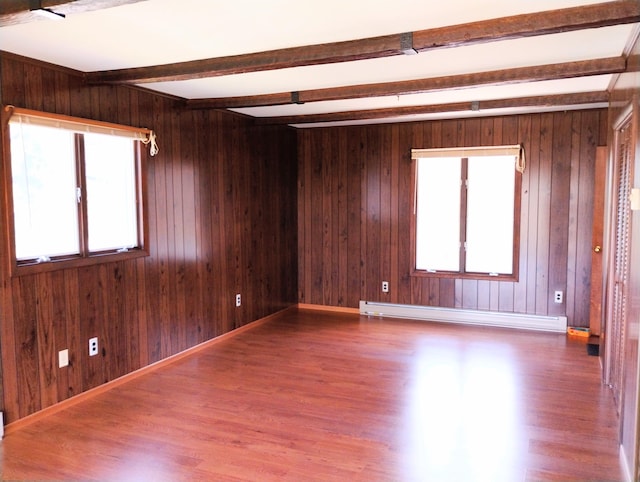 3100 Whipple Rd, Jackson, MI 49201 - empty room featuring baseboard heating, wood walls, wood finished floors, baseboards, and beamed ceiling