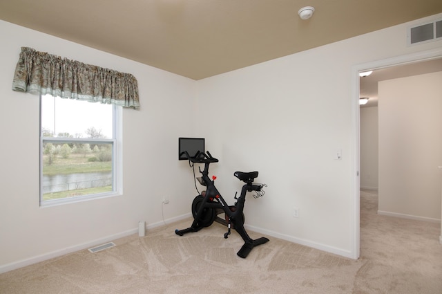 exercise area with baseboards, carpet flooring, and visible vents