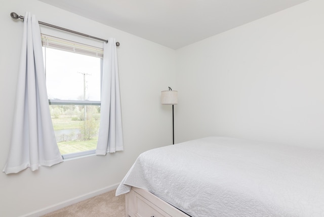 bedroom featuring light colored carpet, baseboards, and multiple windows
